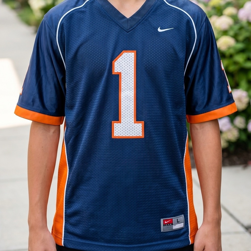 Nike Team Kids Football Jersey Navy Blue Orange Number‎ 1 Mesh Shirt L